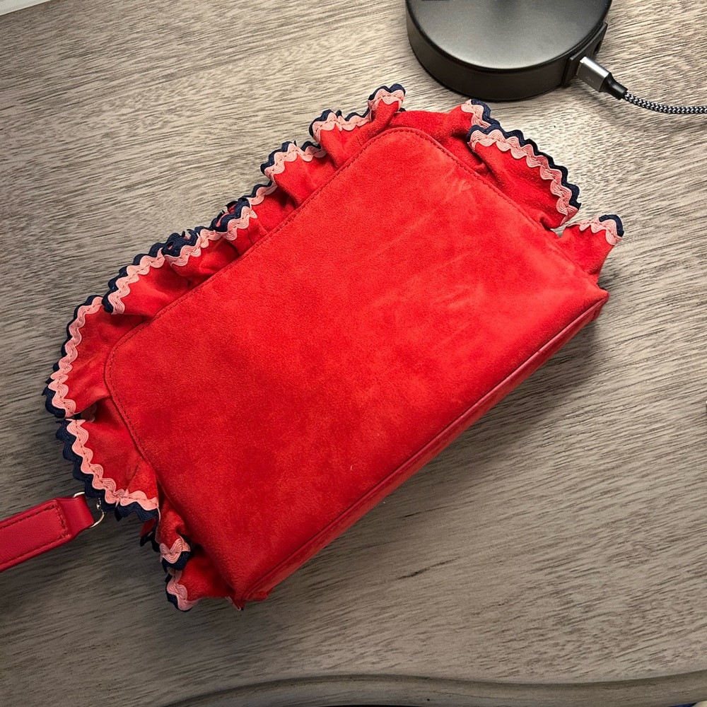 Red Clutch or wristlet with navy ruffle trim